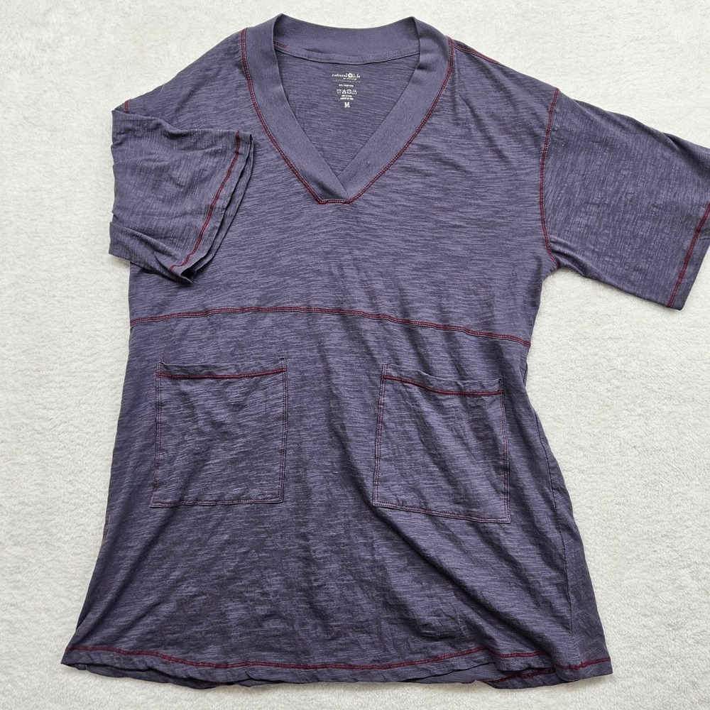 Natural Life Womens Gray Slub Knit V-Neck Tunic Top Red Stitch Pockets Size M